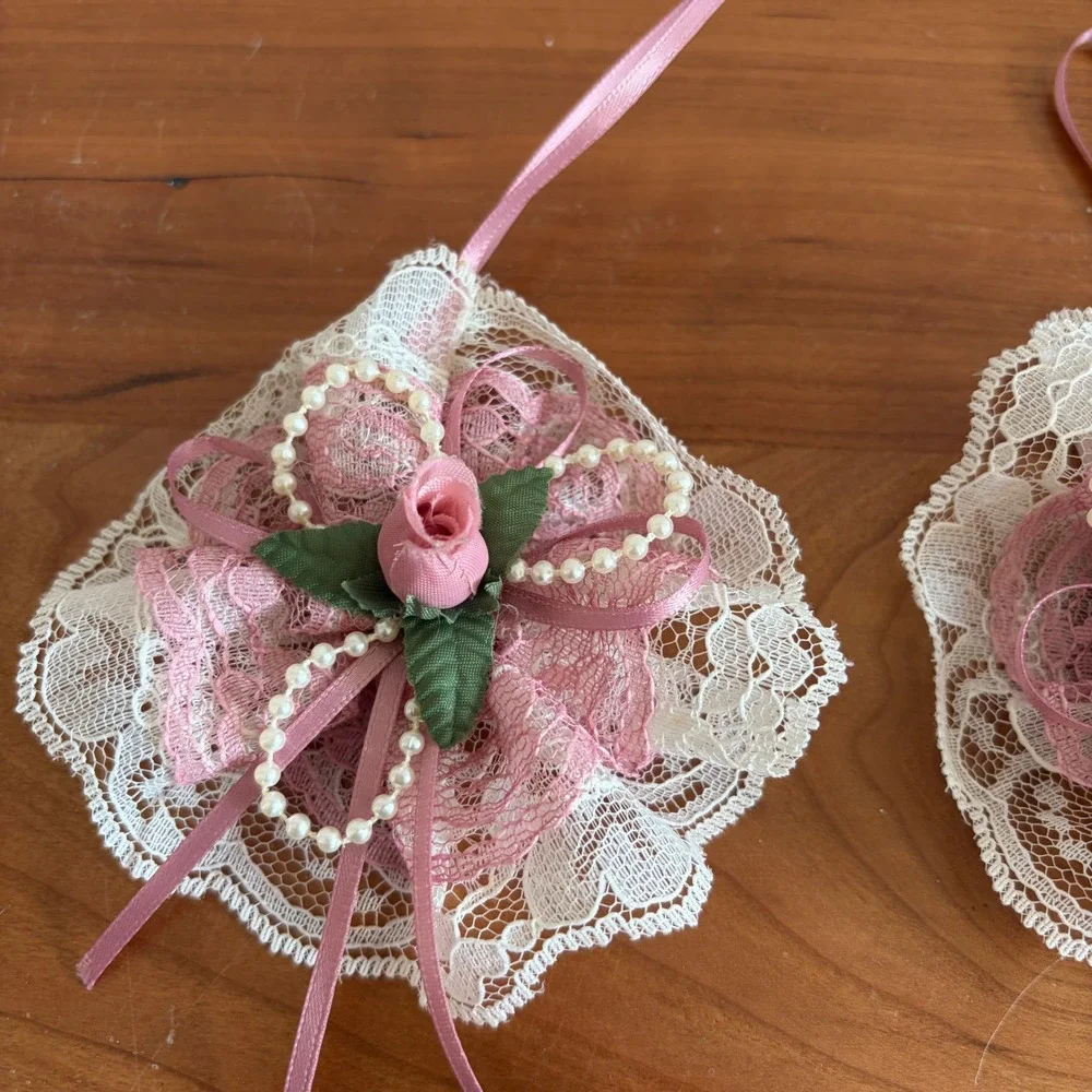 Vintage Handmade‎ Lace Ornaments Set 3 Victorian Rose Pearl Wreath Shabby Chic